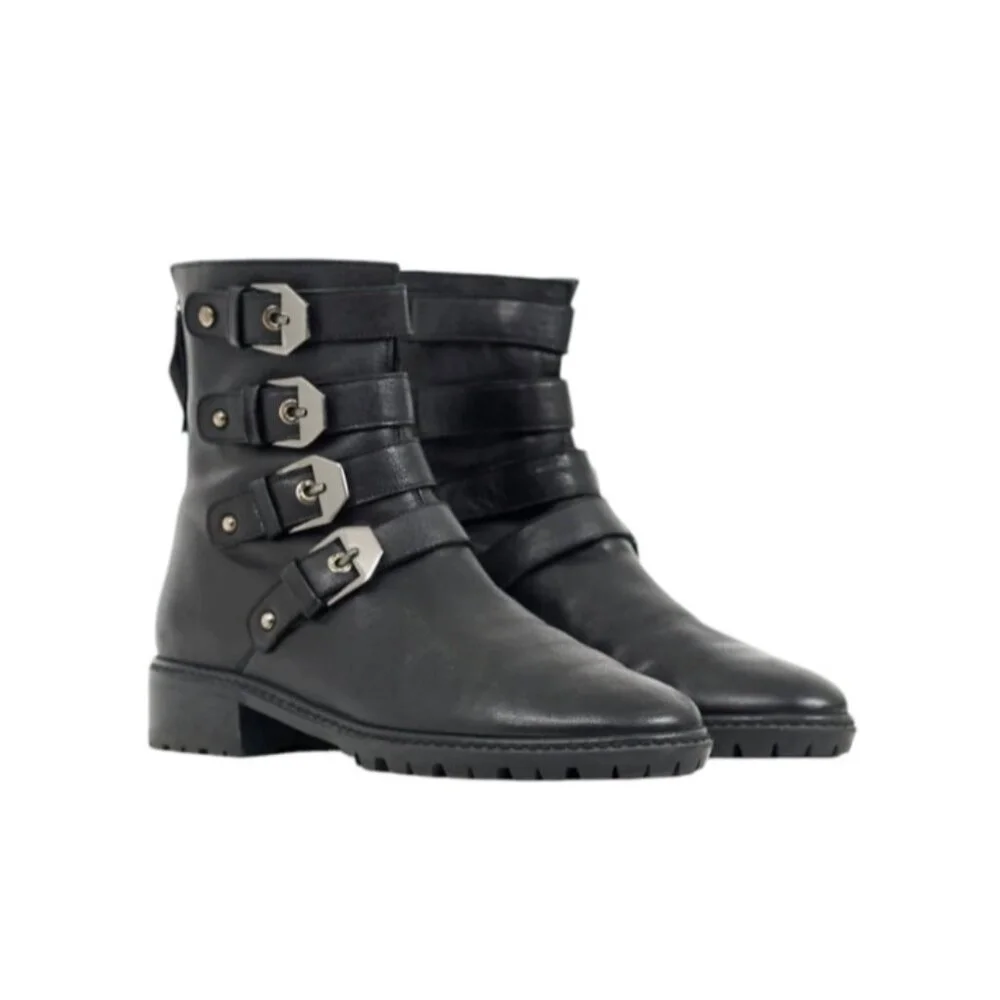 Stuart Weitzman Jitterbug Boot Leather Moto Four Buckle Black Round Toe Ankl 8